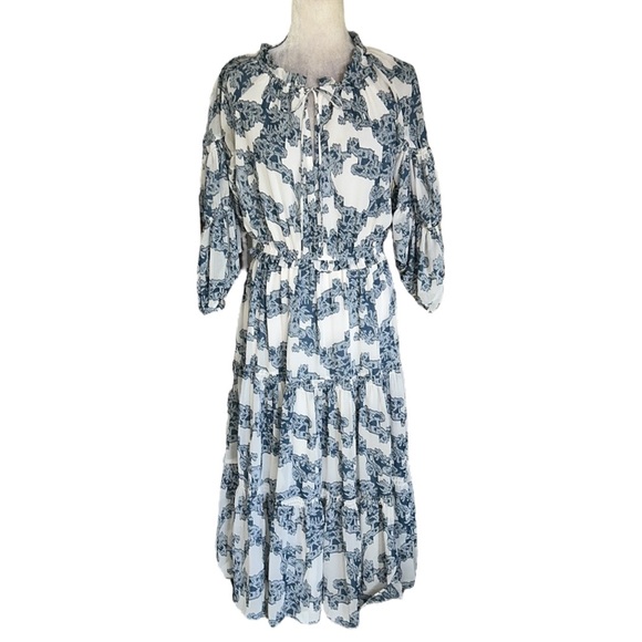 Anthropologie Current Air Isla Blue White Tie Neck Tiered Ruffle Midi Dress - XS - Picture 5 of 16